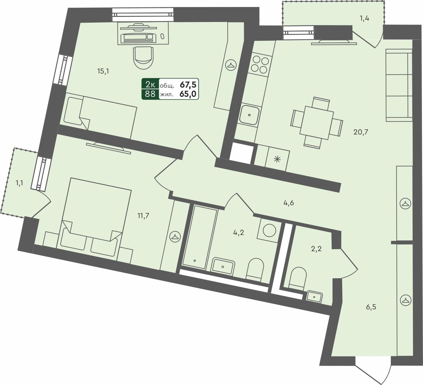 2-комн. квартира, 67.5 м², 4 из 4 этаж квартира
