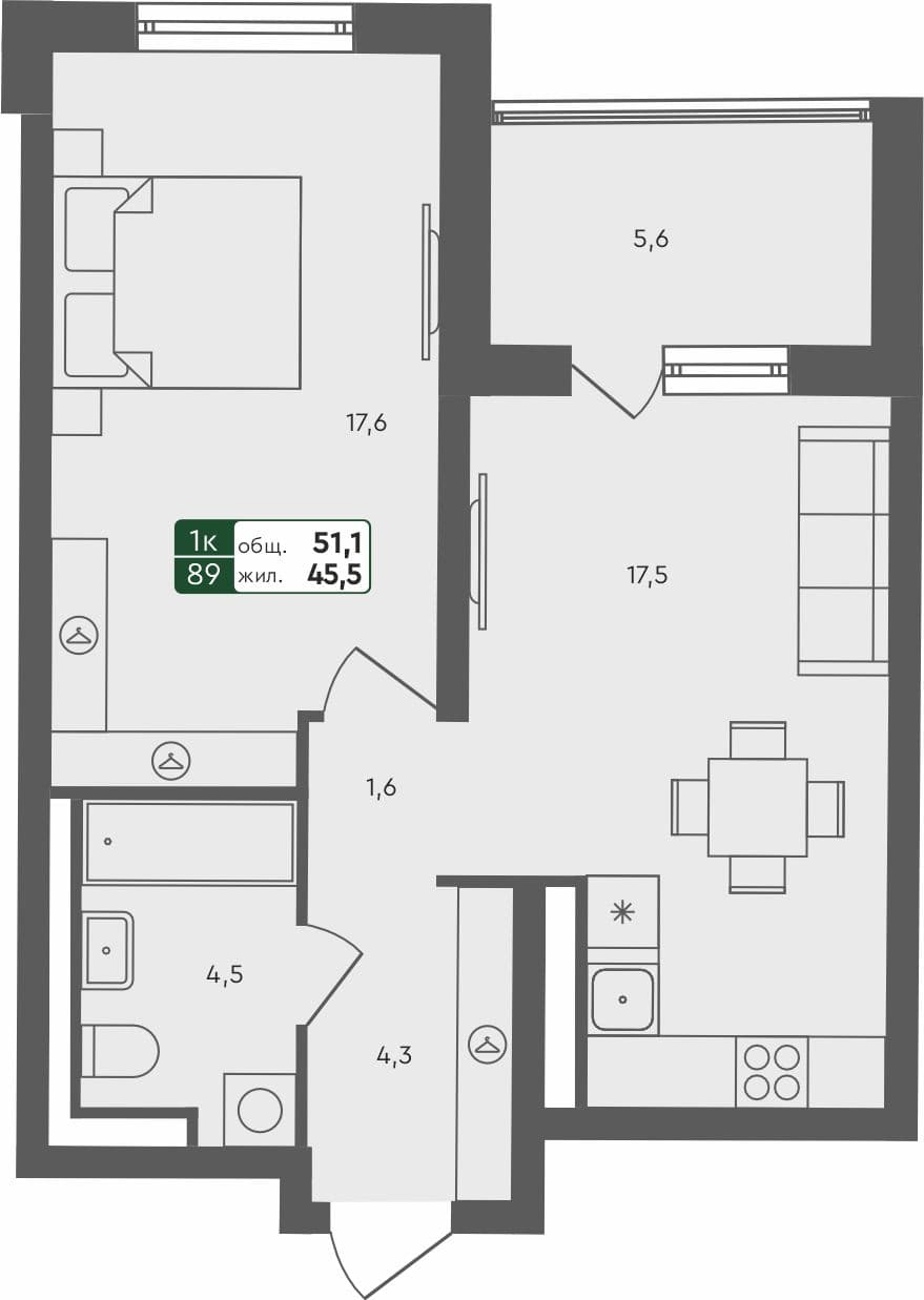 1-комн. квартира, 51.1 м², 4 из 4 этаж квартира