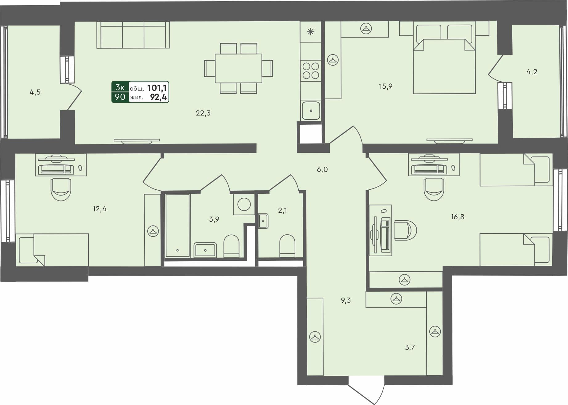 3-комн. квартира, 101.1 м², 4 из 4 этаж квартира