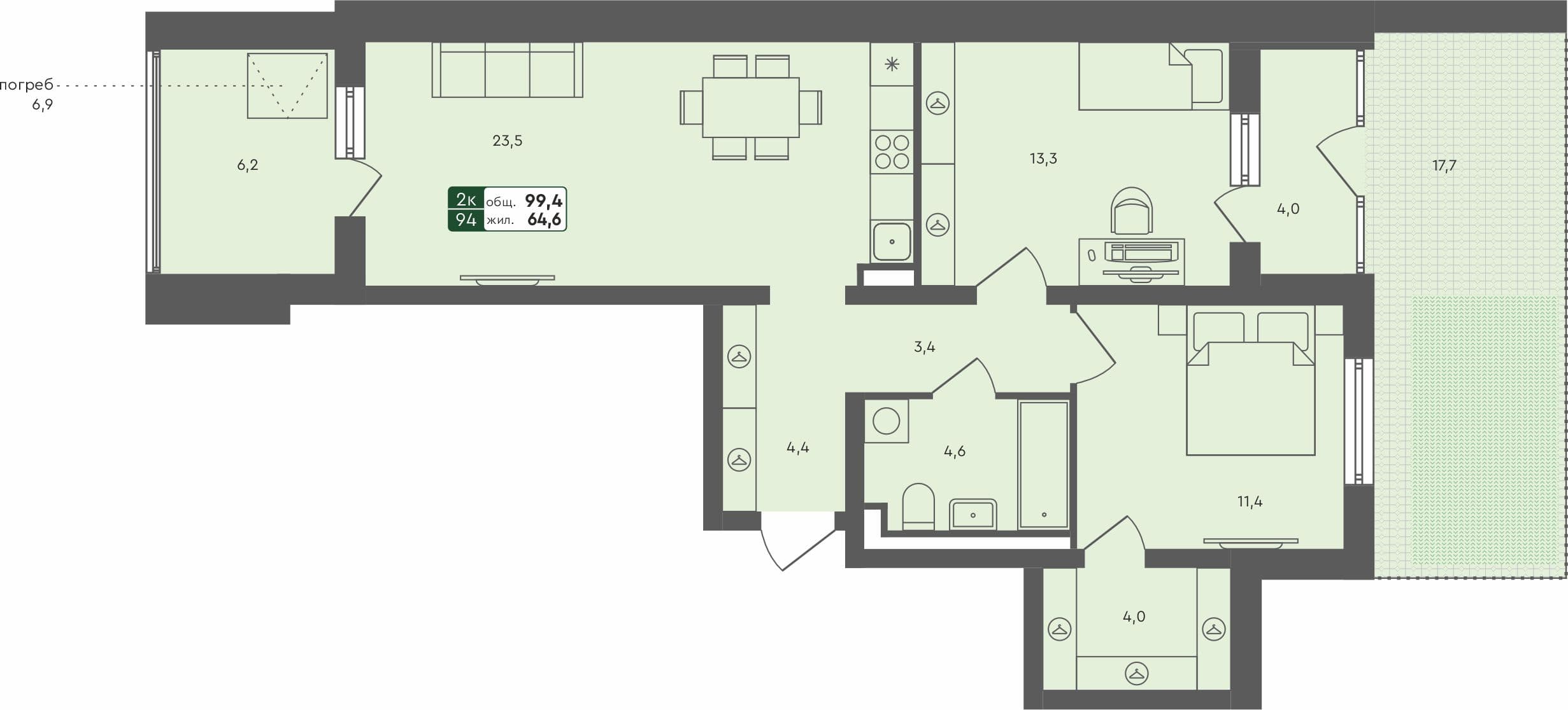 2-комн. квартира, 99.4 м², 1 из 4 этаж квартира