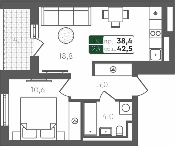 1-комн. квартира, 41.7 м², 4 из 4 этаж Планировка