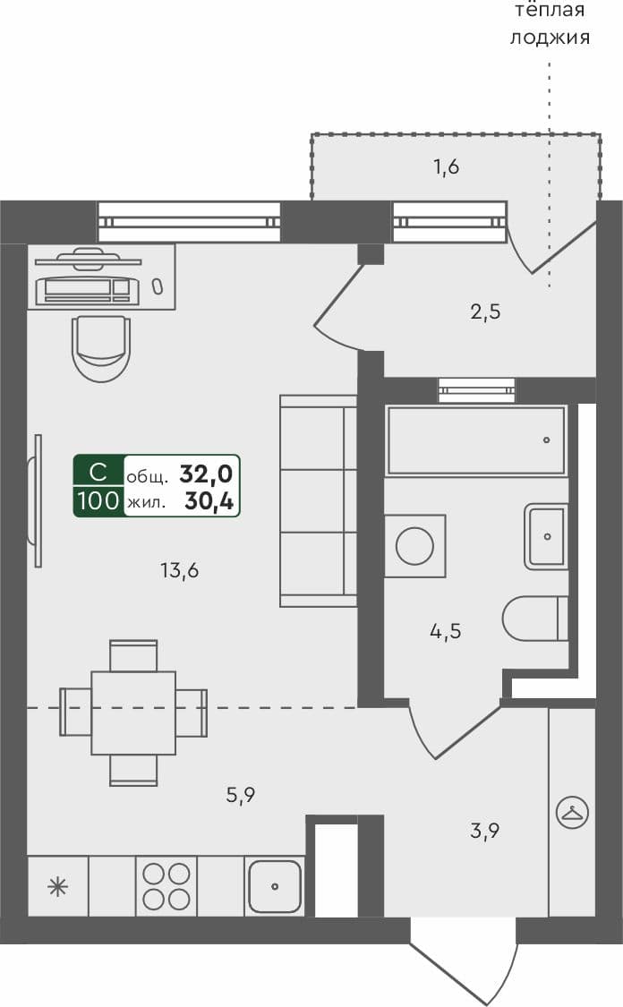 Студия квартира, 32 м², 2 из 4 этаж квартира