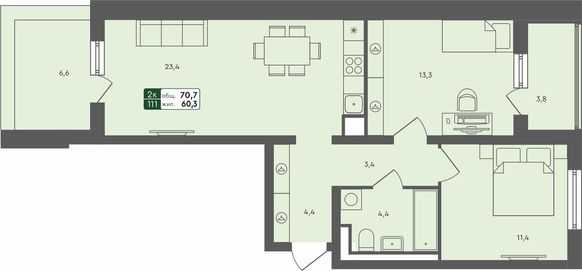 2-комн. квартира, 70.7 м², 4 из 4 этаж квартира