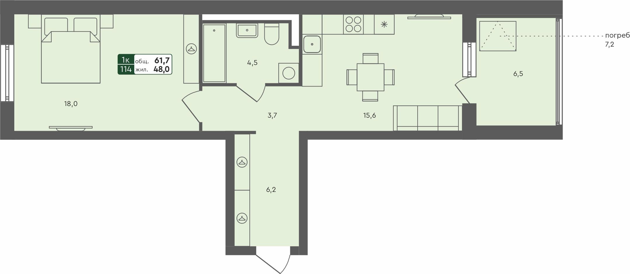 1-комн. квартира, 61.7 м², 1 из 4 этаж квартира