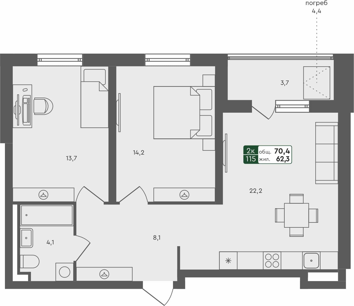 2-комн. квартира, 70.4 м², 1 из 4 этаж квартира