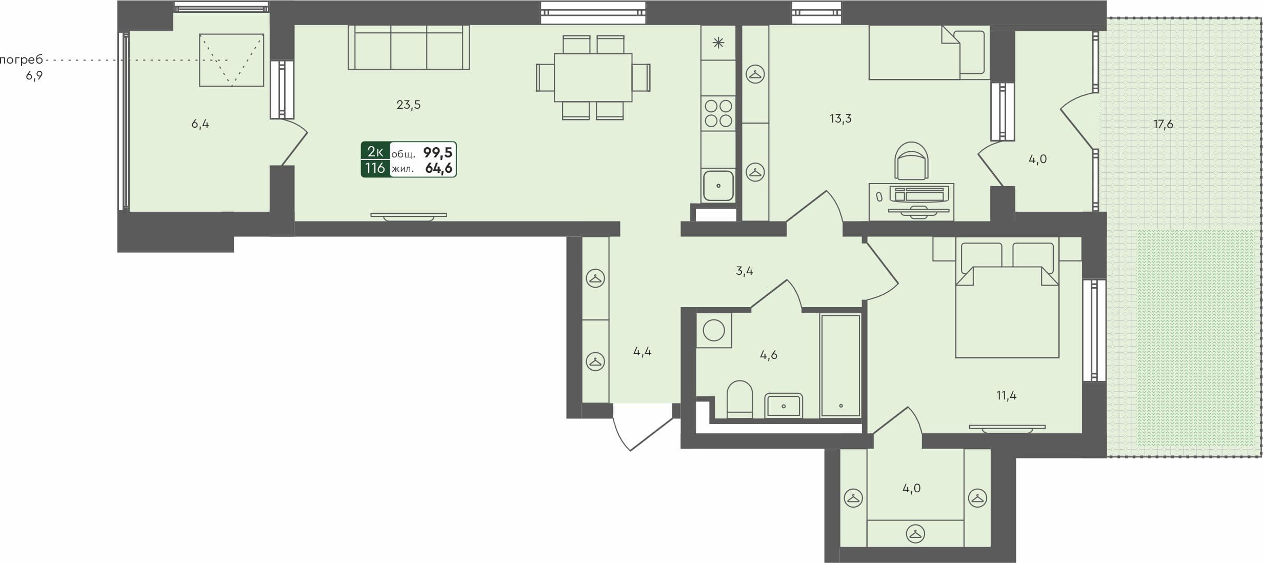 2-комн. квартира, 99.5 м², 1 из 4 этаж Планировка