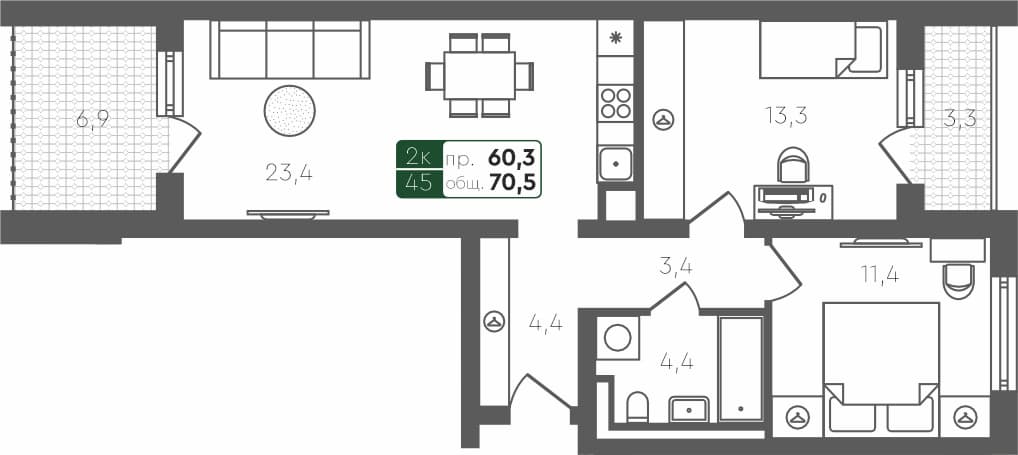 2-комн. квартира, 70.5 м², 4 из 4 этаж Планировка
