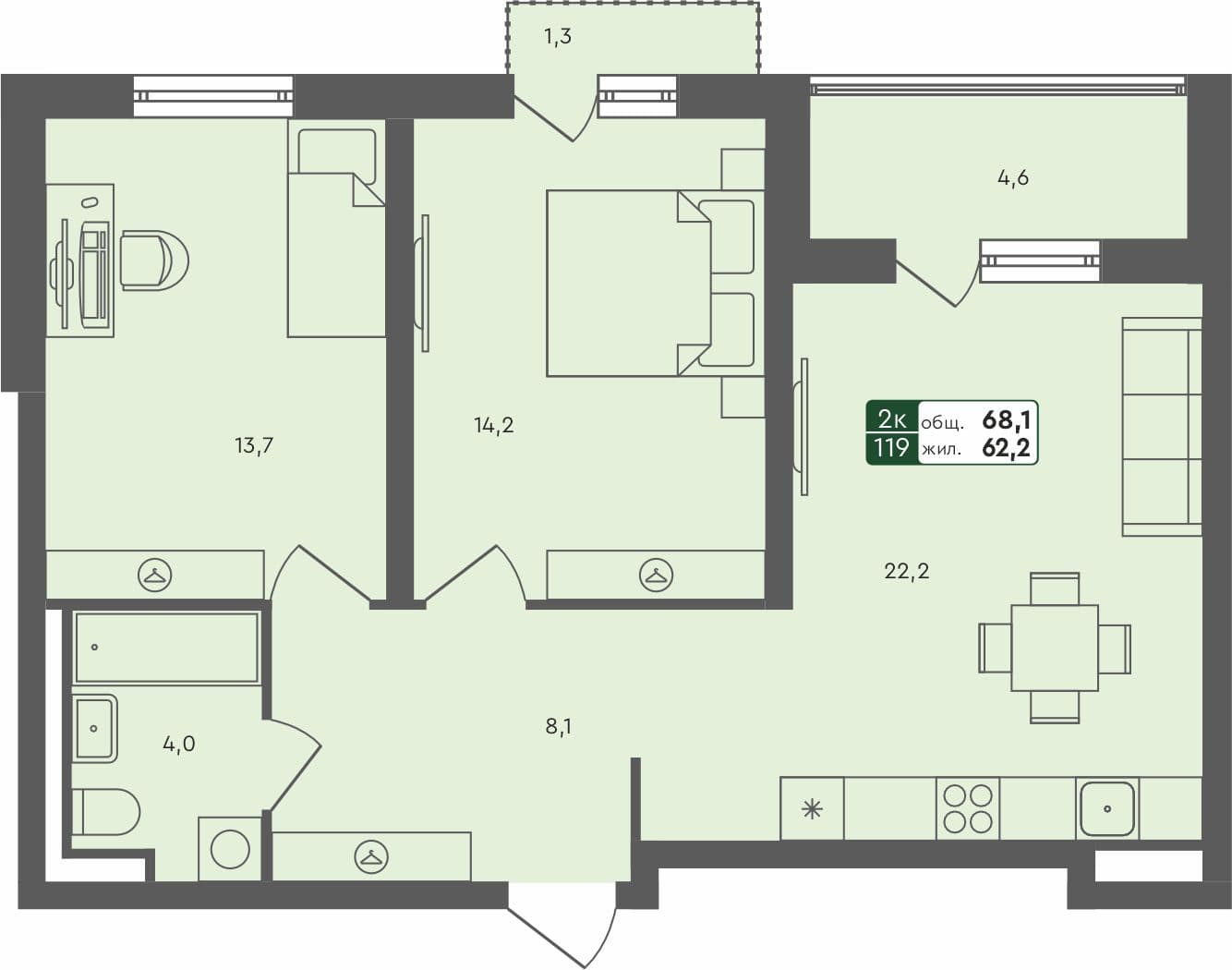 2-комн. квартира, 68.1 м², 2 из 4 этаж квартира
