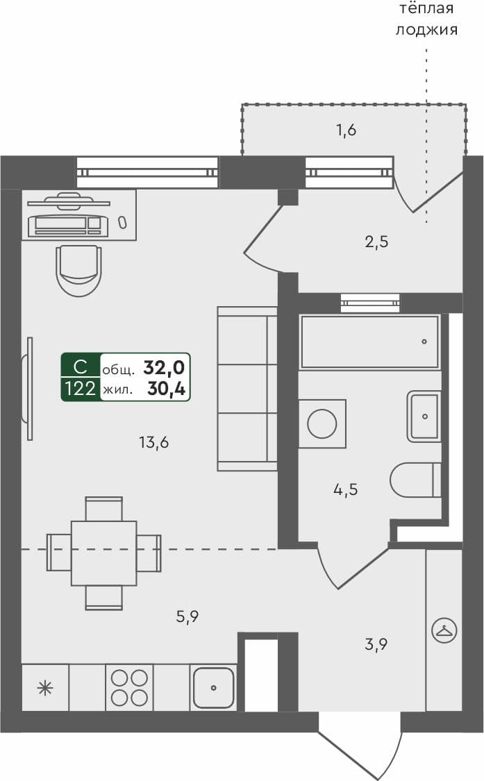 Студия квартира, 32 м², 2 из 4 этаж Планировка