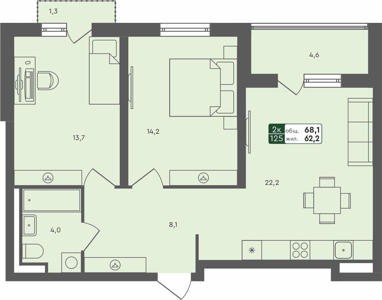 2-комн. квартира, 68.1 м², 3 из 4 этаж Планировка