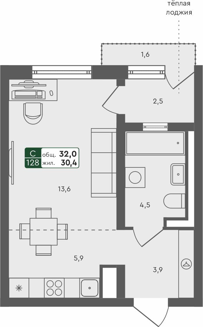 Студия квартира, 32 м², 3 из 4 этаж Планировка