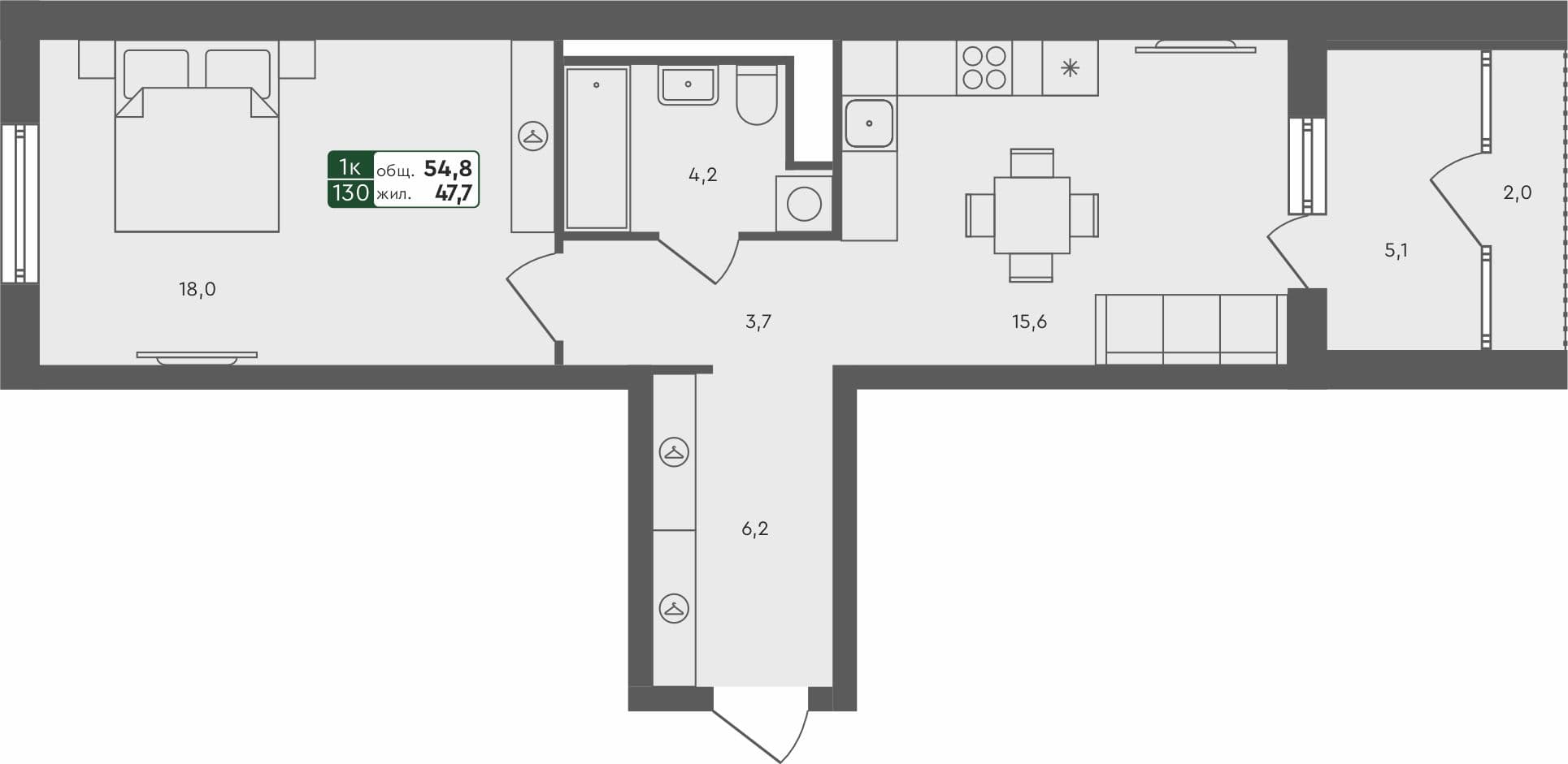 1-комн. квартира, 54.8 м², 4 из 4 этаж Планировка