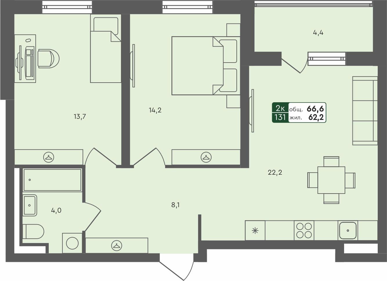 2-комн. квартира, 66.6 м², 4 из 4 этаж Планировка