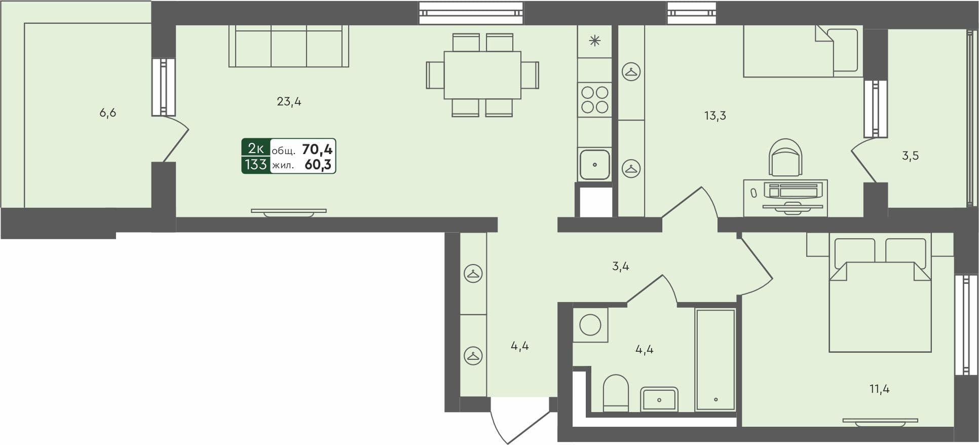 2-комн. квартира, 70.4 м², 4 из 4 этаж Планировка