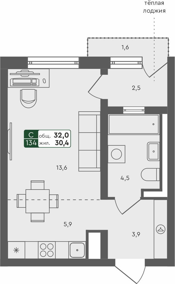 Студия квартира, 32 м², 4 из 4 этаж Планировка