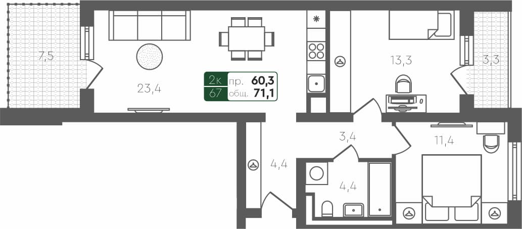 2-комн. квартира, 71.1 м², 4 из 4 этаж квартира