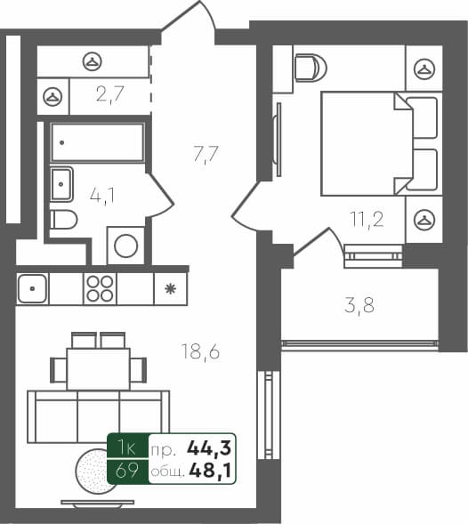 1-комн. квартира, 48.1 м², 1 из 4 этаж квартира