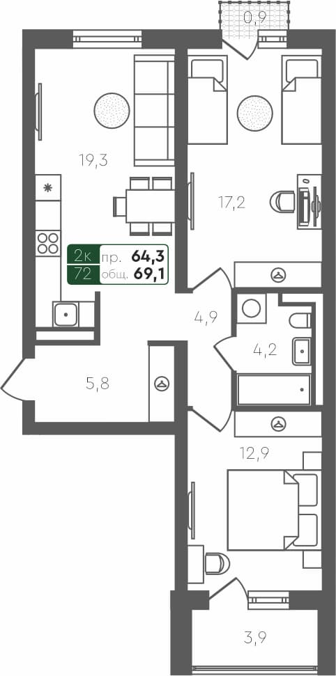 2-комн. квартира, 69.1 м², 2 из 4 этаж Планировка
