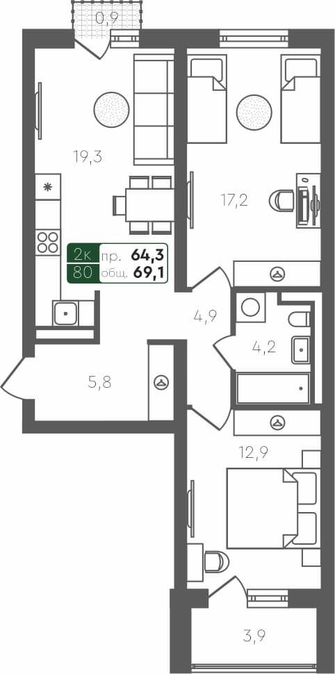 2-комн. квартира, 69.1 м², 4 из 4 этаж квартира