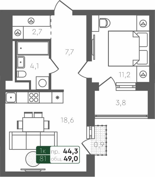 1-комн. квартира, 49 м², 4 из 4 этаж Планировка