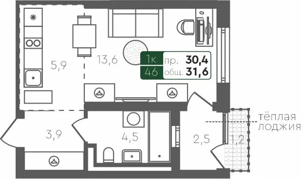 Студия квартира, 31.6 м², 4 из 4 этаж Планировка