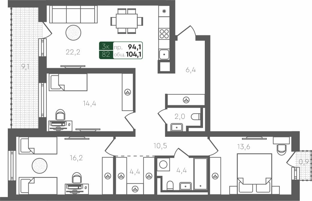 3-комн. квартира, 104.1 м², 4 из 4 этаж Планировка
