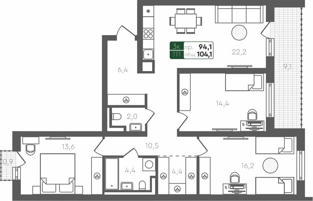 3-комн. квартира, 104.1 м², 4 из 4 этаж Планировка