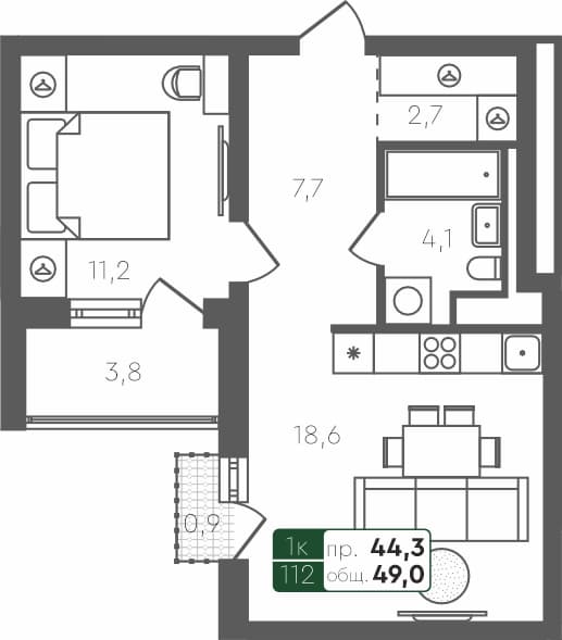 1-комн. квартира, 49 м², 4 из 4 этаж квартира