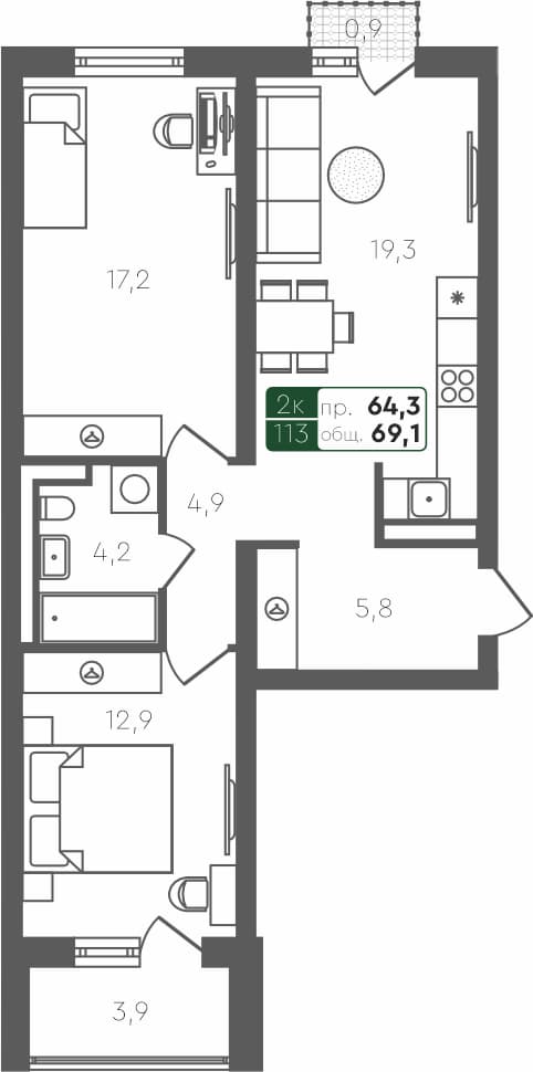 2-комн. квартира, 69.1 м², 4 из 4 этаж Планировка