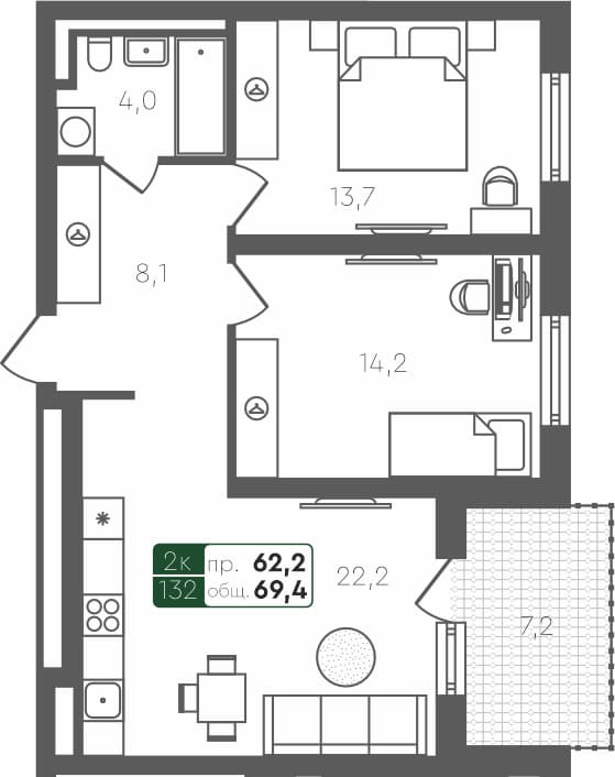 2-комн. квартира, 69.4 м², 4 из 4 этаж квартира