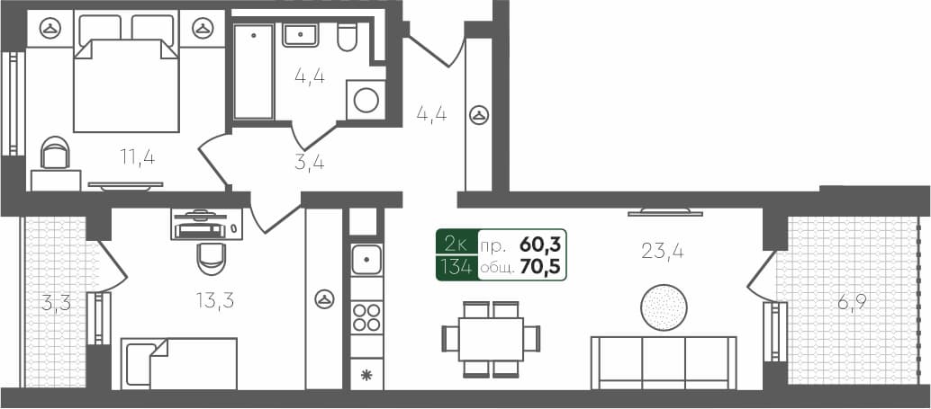 2-комн. квартира, 70.5 м², 4 из 4 этаж Планировка
