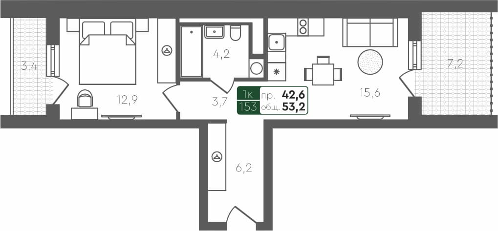1-комн. квартира, 53.2 м², 4 из 4 этаж Планировка