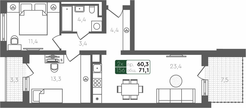 2-комн. квартира, 71.1 м², 4 из 4 этаж квартира