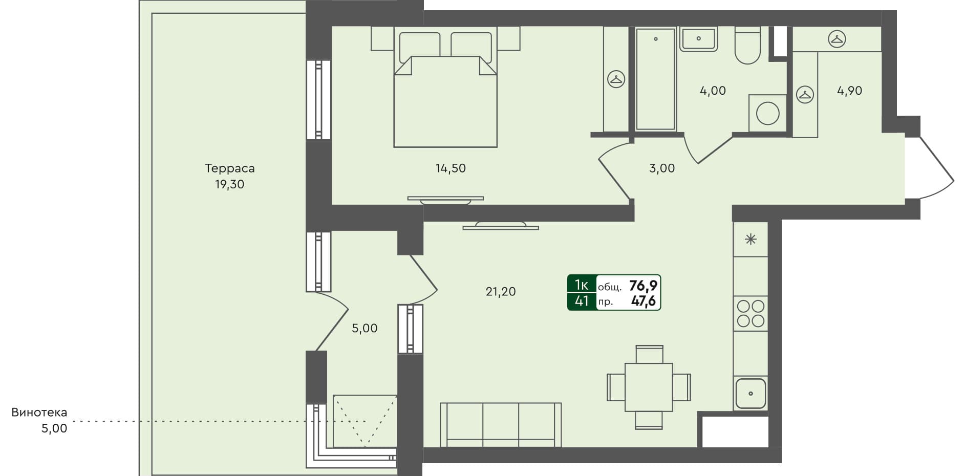 1-комн. квартира, 76.9 м², 1 из 3 этаж Планировка