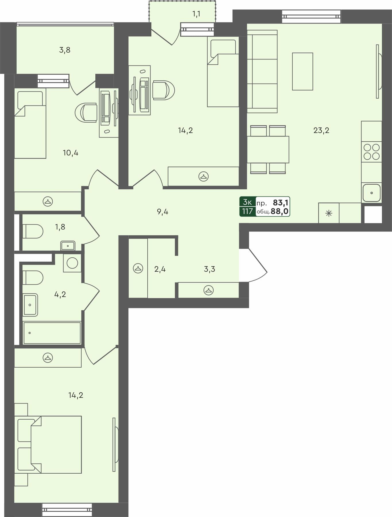 3-комн. квартира, 88 м², 4 из 4 этаж квартира