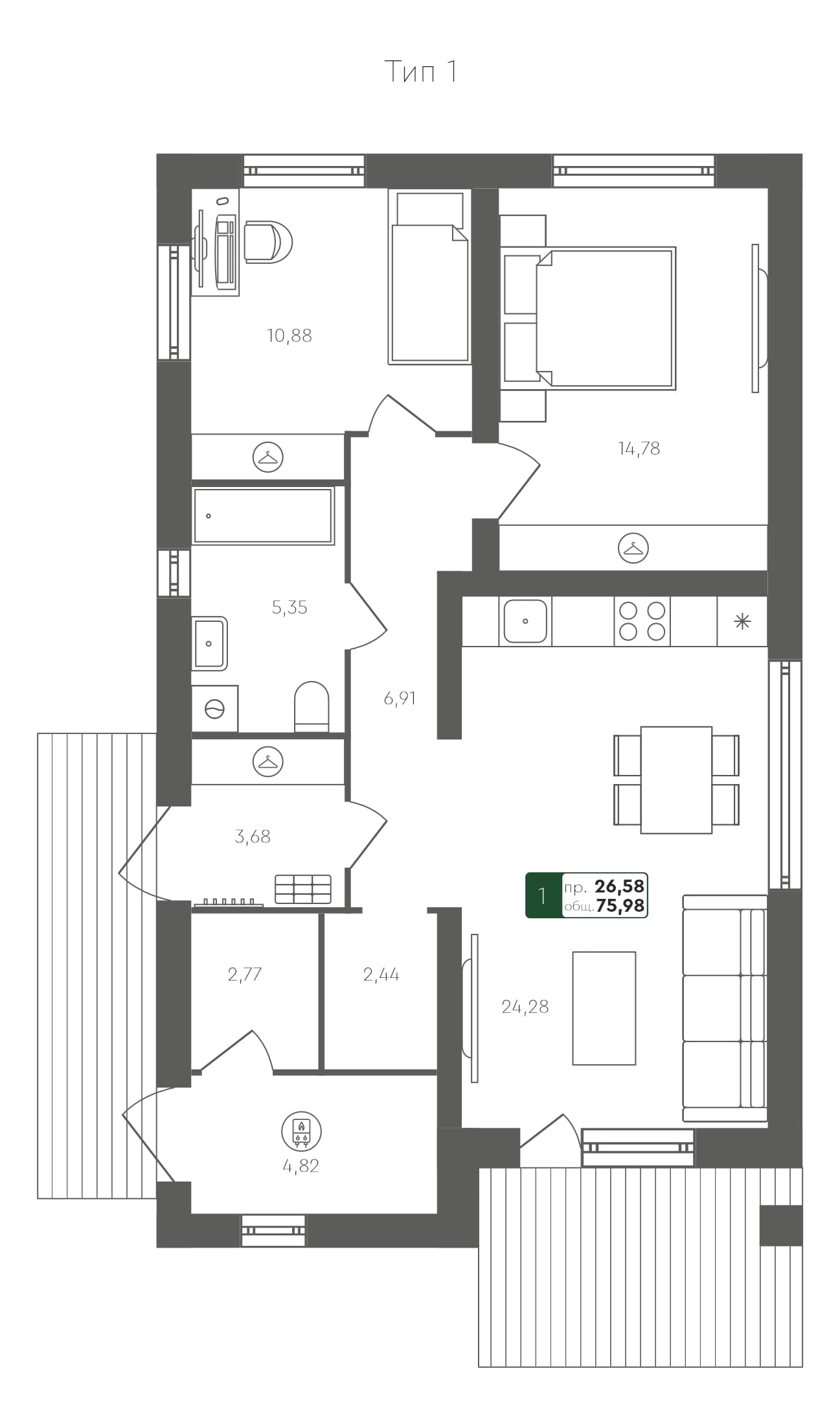 2-комн. дом, 75.98 м², 1 из 1 этаж квартира
