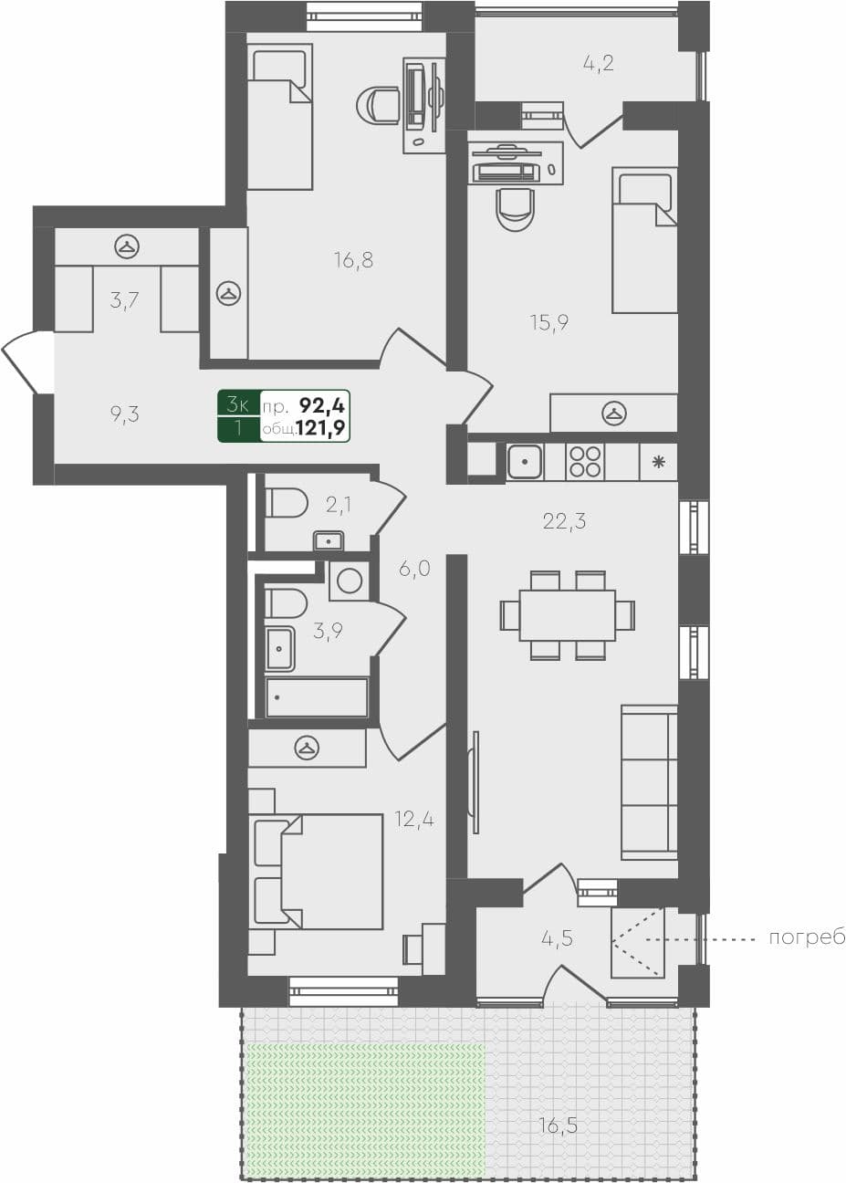 3-комн. квартира, 121.9 м², 1 из 4 этаж Планировка