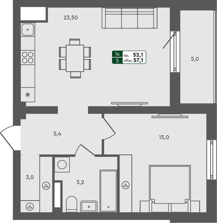 1-комн. квартира, 57.5 м², 2 из 5 этаж квартира