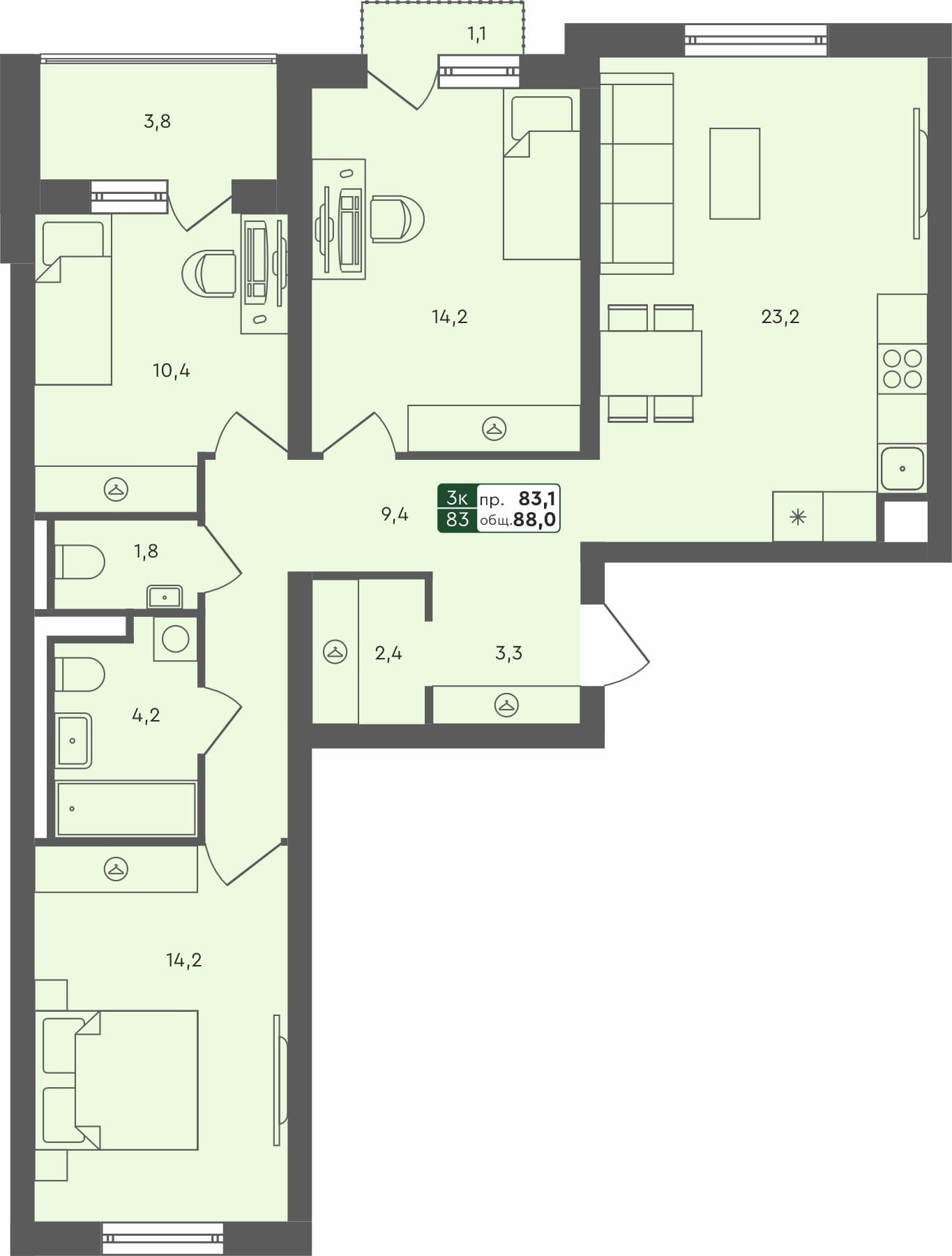 3-комн. квартира, 88 м², 3 из 4 этаж Планировка