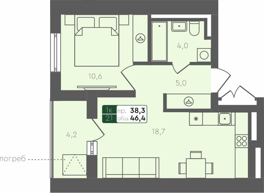 1-комн. квартира, 46.4 м², 1 из 4 этаж Планировка