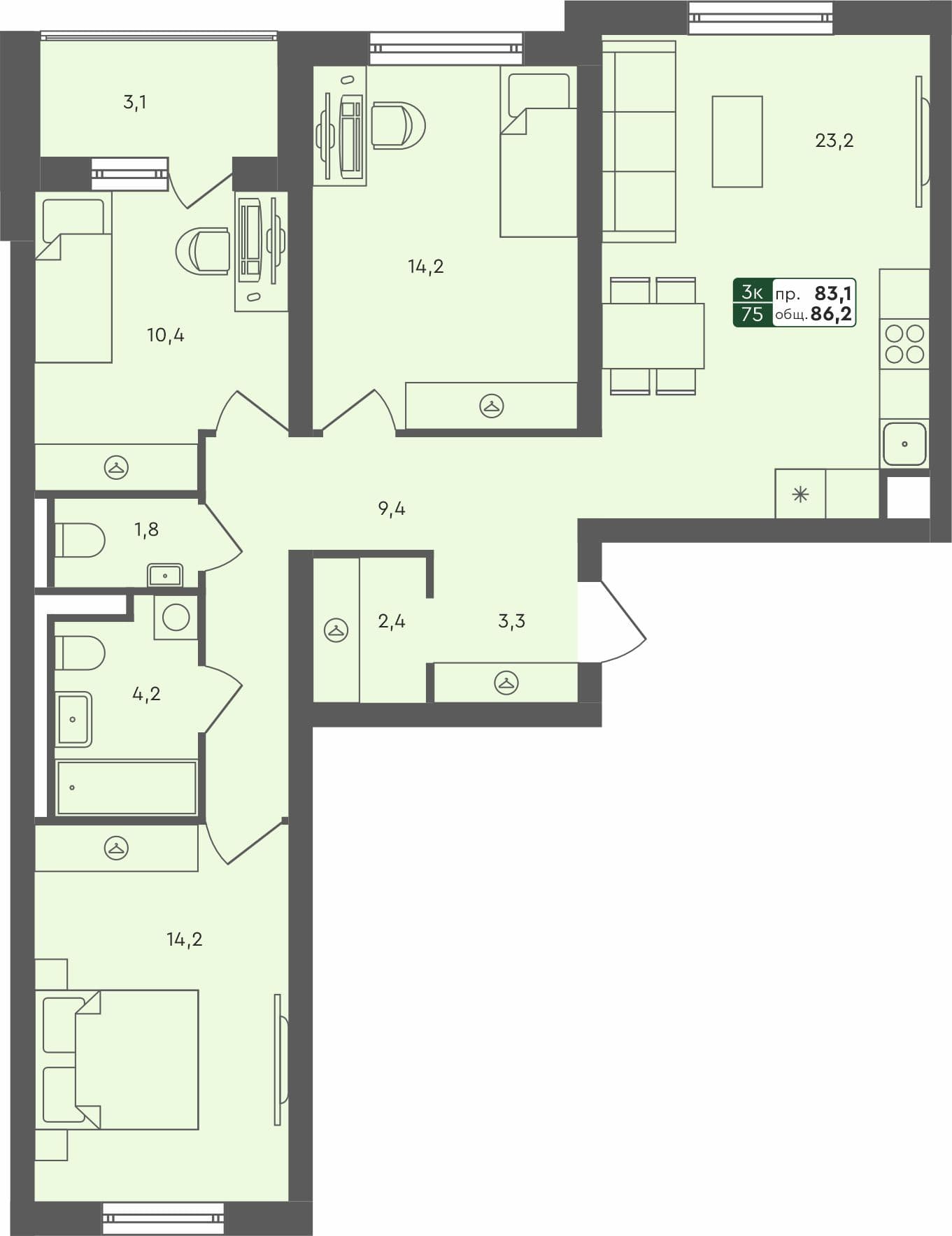 3-комн. квартира, 86.2 м², 1 из 4 этаж квартира