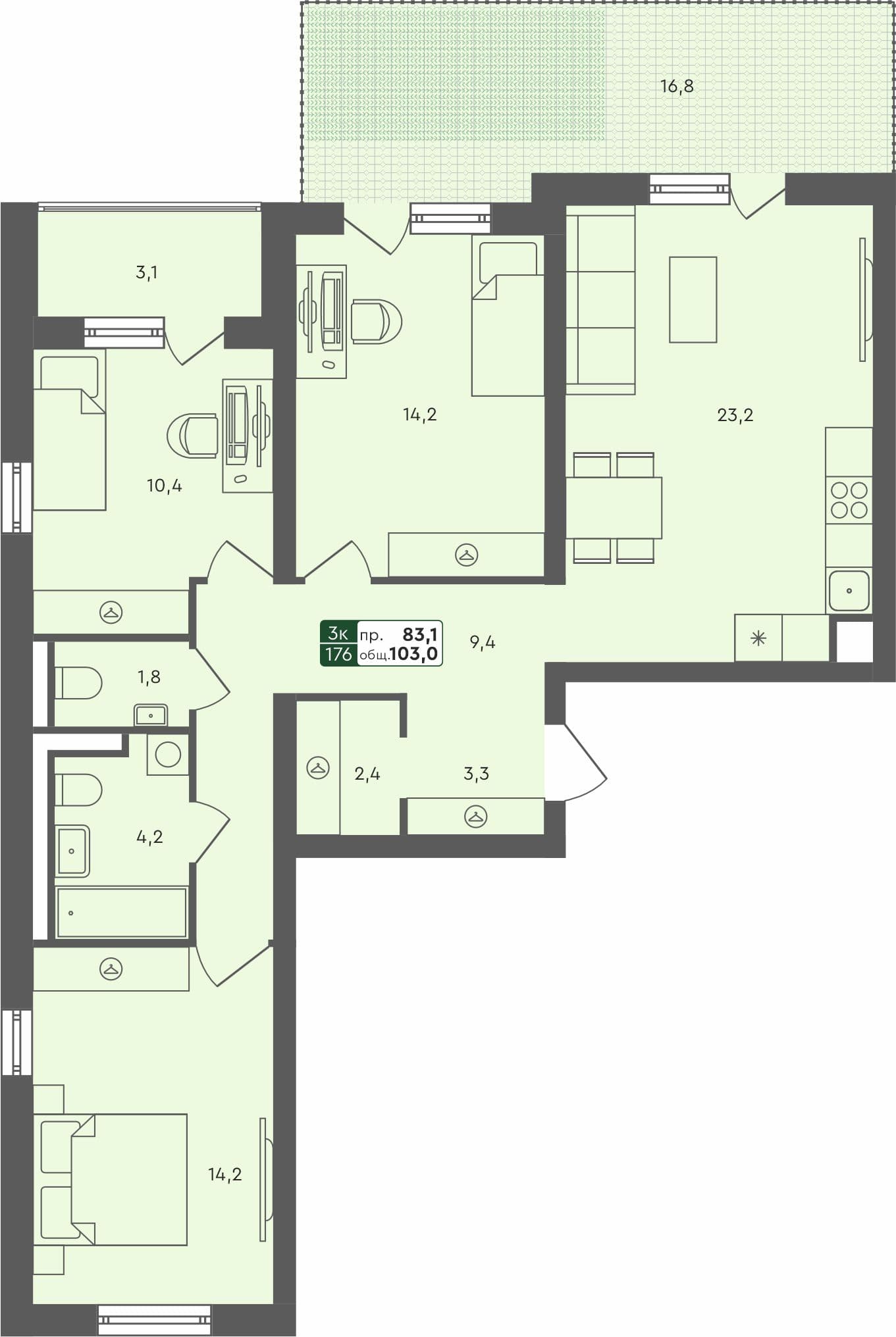 3-комн. квартира, 86.2 м², 1 из 4 этаж Планировка