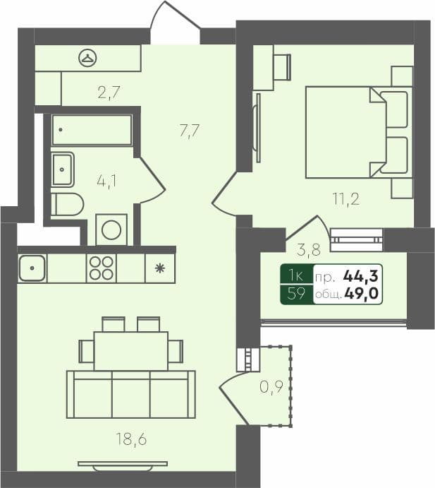 1-комн. квартира, 49 м², 4 из 4 этаж квартира