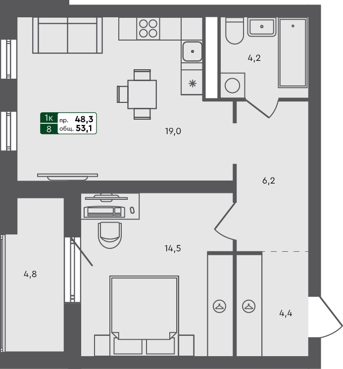 1-комн. квартира, 53.1 м², 2 из 4 этаж квартира