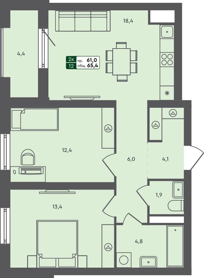 2-комн. квартира, 65.4 м², 3 из 5 этаж квартира