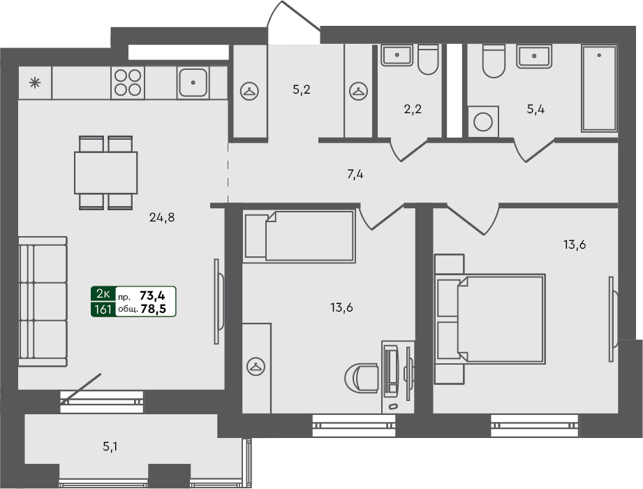 2-комн. квартира, 78.5 м², 2 из 3 этаж квартира