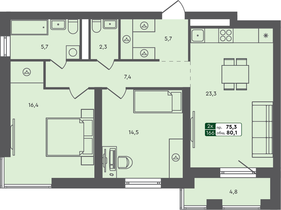 2-комн. квартира, 80.1 м², 3 из 3 этаж квартира