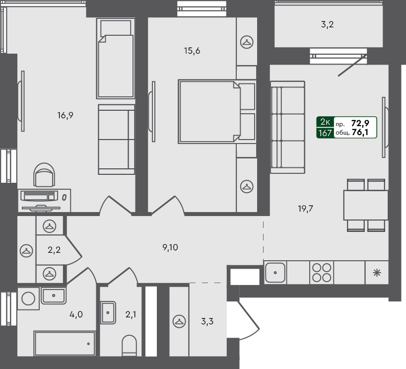 2-комн. квартира, 76.1 м², 3 из 3 этаж Планировка