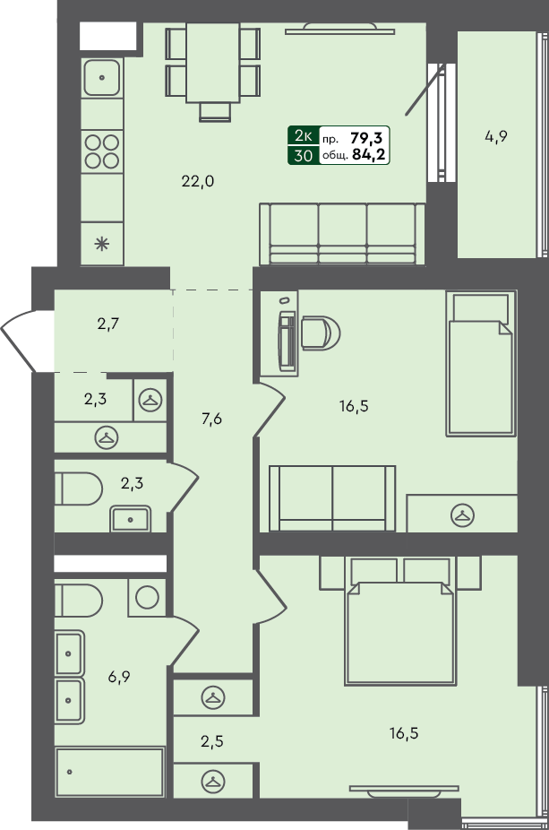 2-комн. квартира, 84.2 м², 3 из 3 этаж Планировка