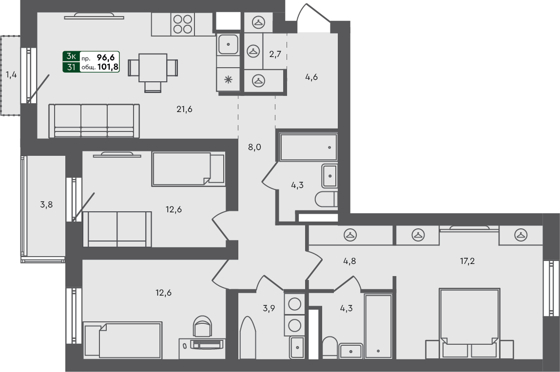 3-комн. квартира, 101.8 м², 3 из 6 этаж квартира